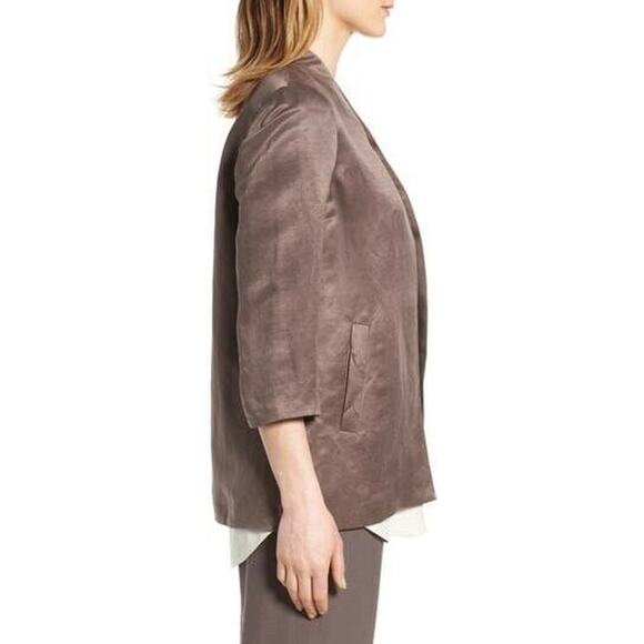 Eileen Fisher Brown Organic Linen Silk Open Front Lined Jacket Blazer Size PM - Picture 9 of 10